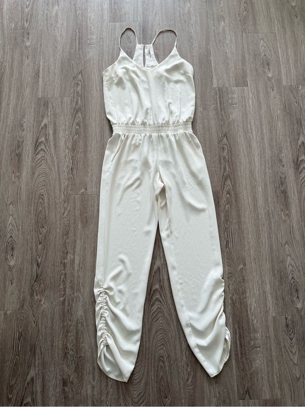 Amanda Uprichard Ivory Sleeveless Romper Jumpsuit with Ruched Ankles